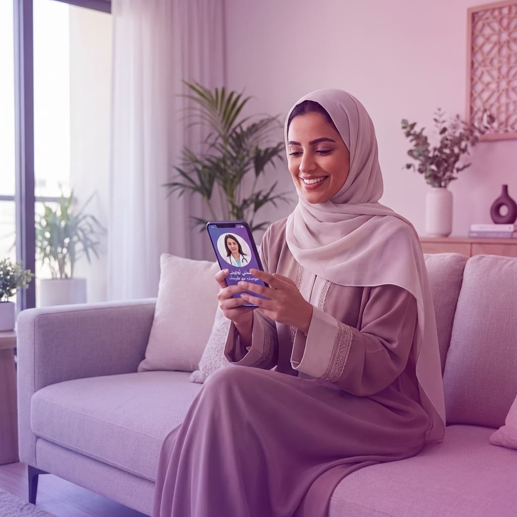 امرأة سعودية تستخدم تطبيق مرهم للاستشارة الطبية | Saudi woman using Marham telemedicine app